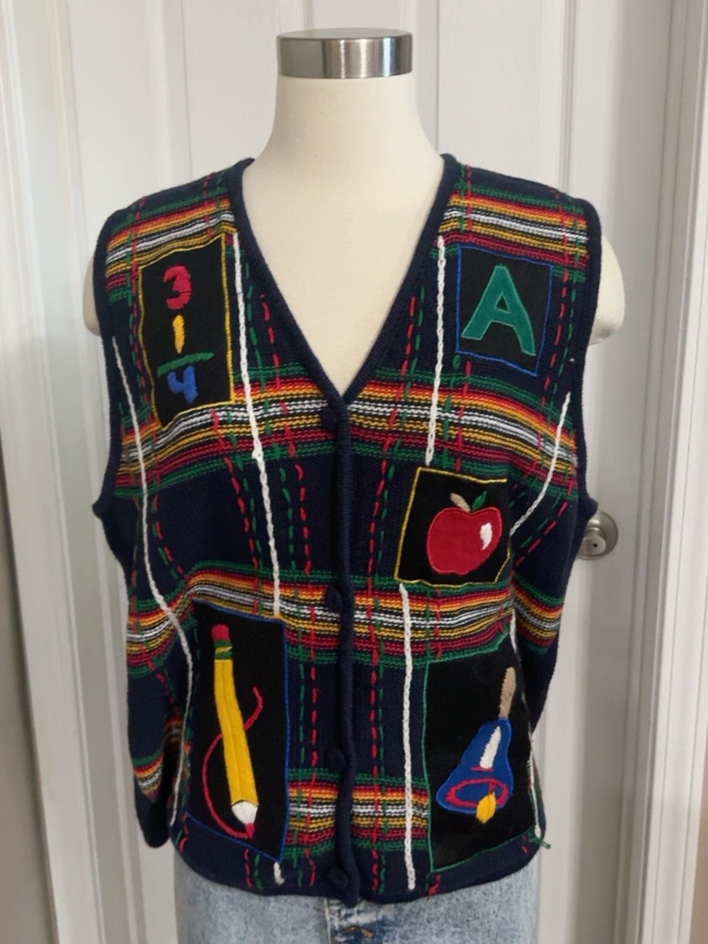 Vintage Teacher Vest Novelty School Embroidered Knit 90s Victoria Jones XL